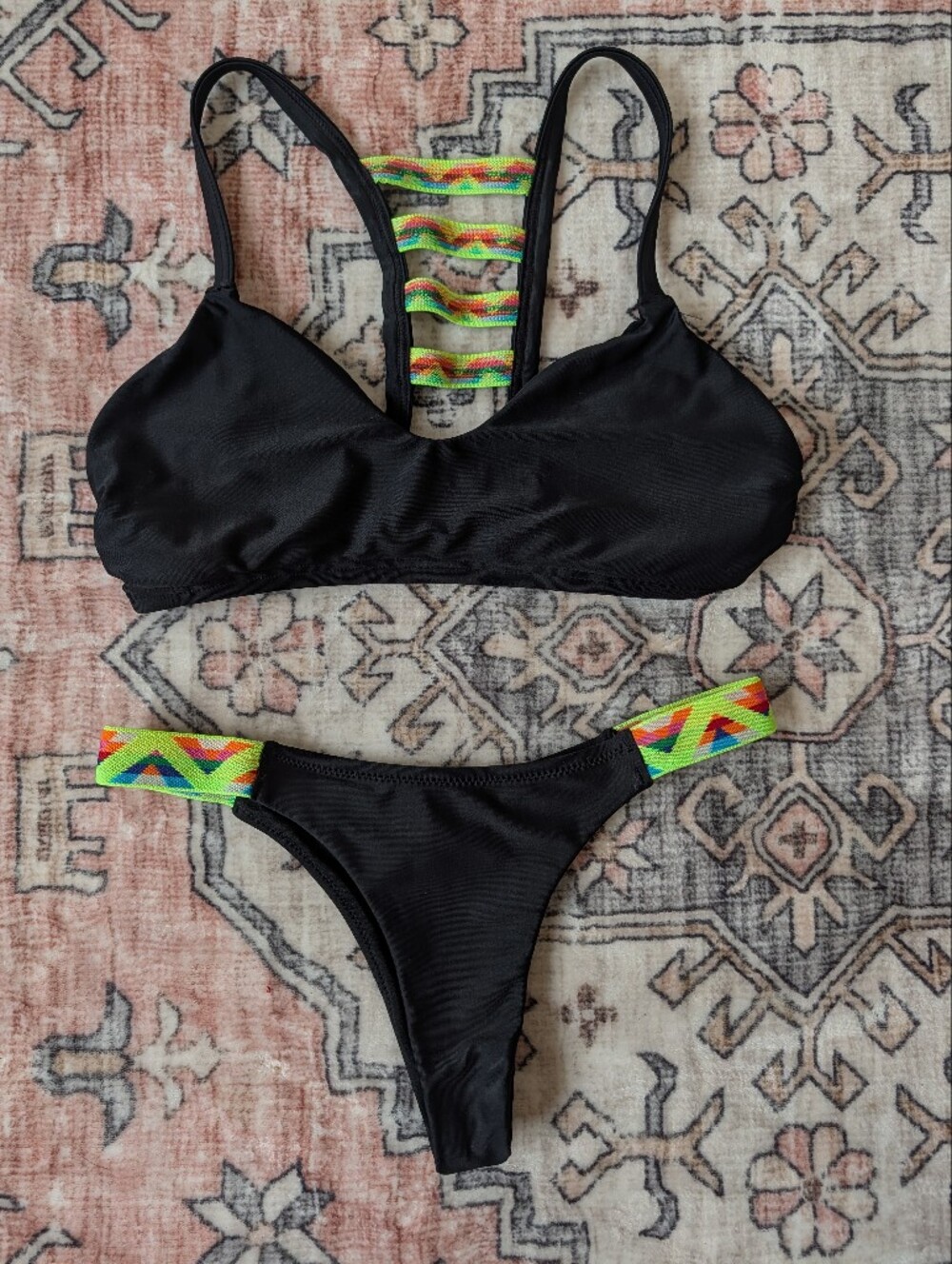 La Vie En Rose Women's Black Cheeky Bikini Set with Multicolor Elastic Accents